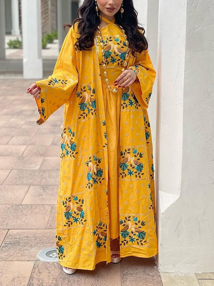Ethnic Pattern Halter Dress and Outerwear Set