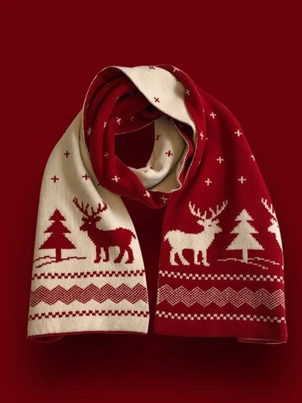 Christmas Reindeer Plaid Tree Print Cozy Knit Long Scarves
