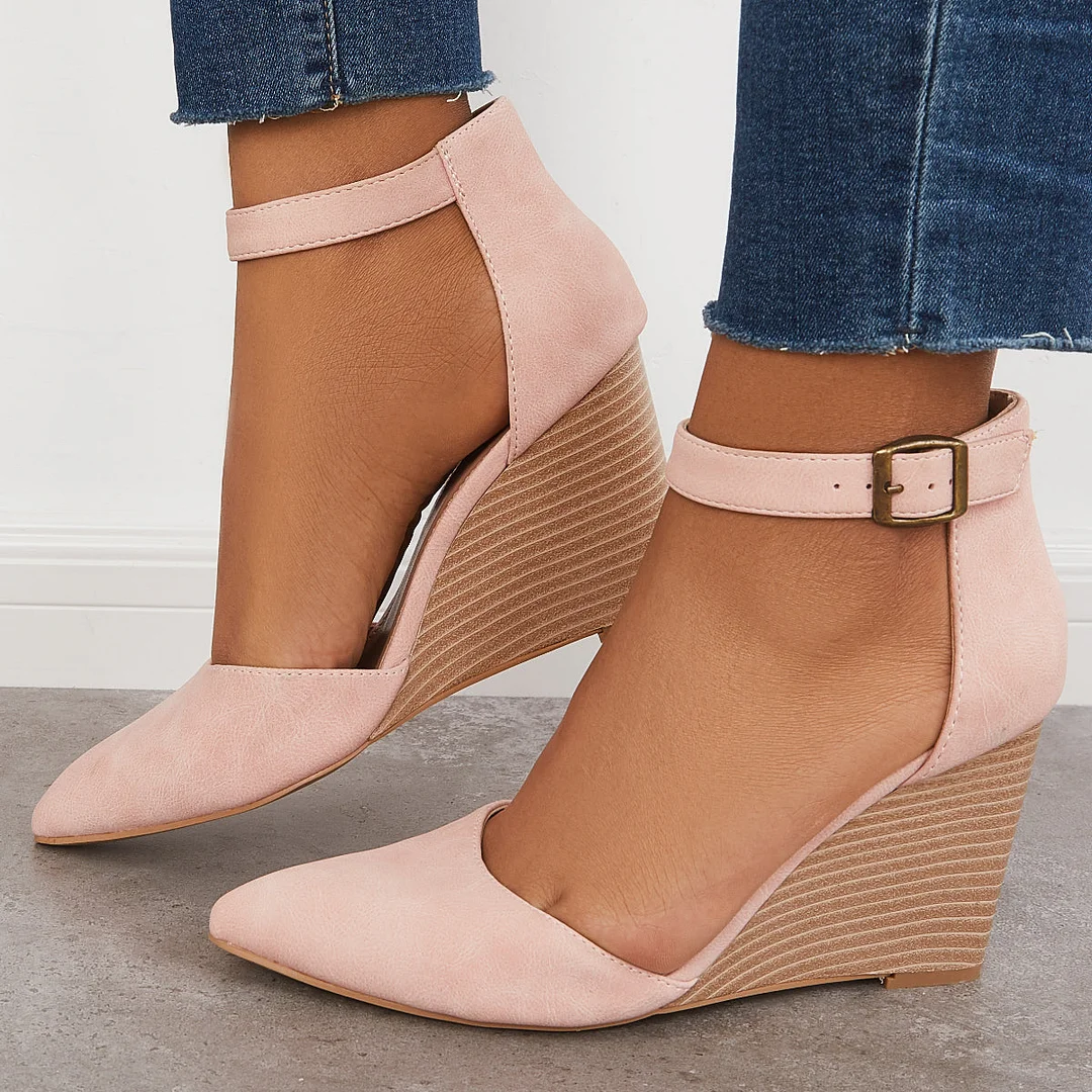 Classic Ankle Strap Wedges Pointed Toe Stacked Heel Dress Pumps