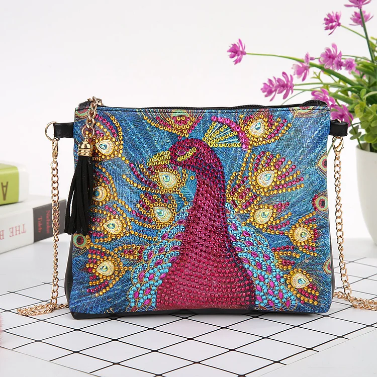 DIY peacock shaped diamond painting one-shoulder chain lady bag