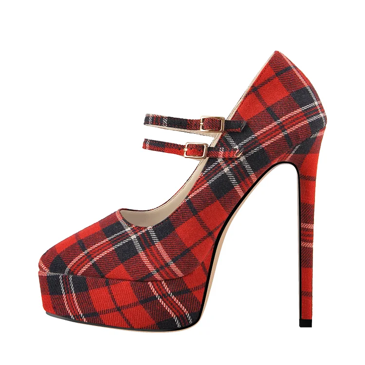 Plaid Pointy Mary Jane Platform Pumps