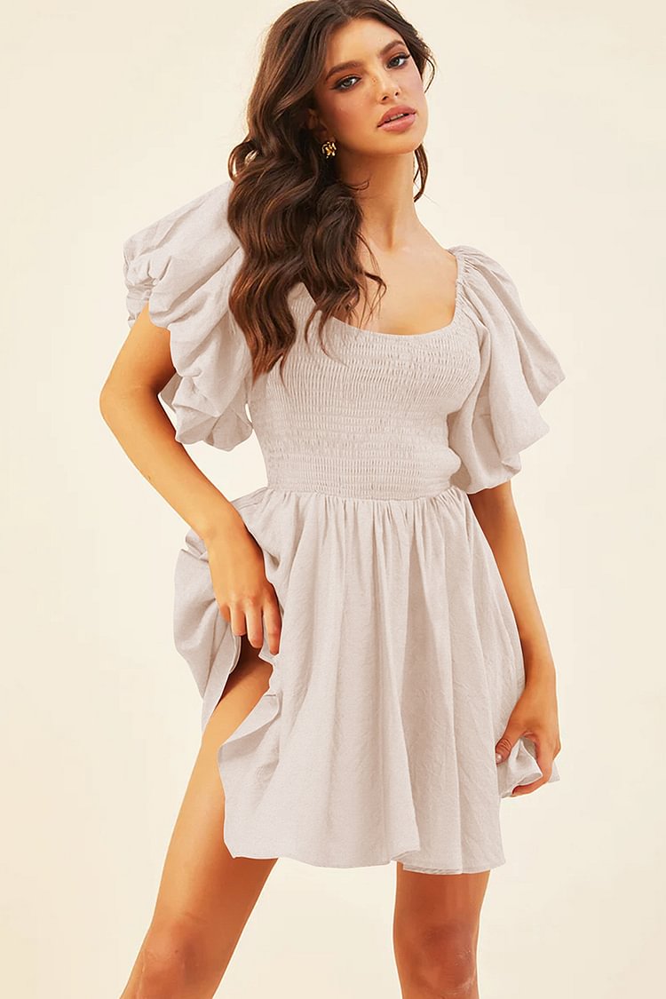 Square Neck Short Puffy Sleeve Pleated Hem Vacation Mini Dresses