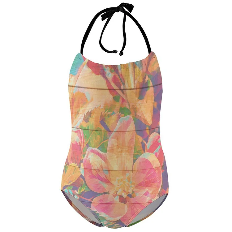 Children's One-piece Swimsuit Oil Painting, Flowers, Wood Engraving