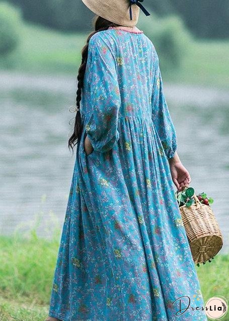 Women V Neck Cinched Spring Clothes Runway Blue Print Robes Dress