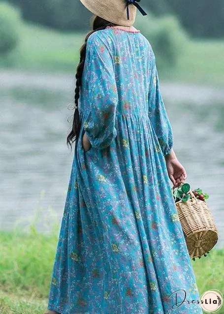 Women V Neck Cinched Spring Clothes Runway Blue Print Robes Dress
