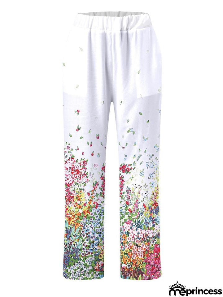 Women's Relaxed Colorful Floral Print Loose White Pants
