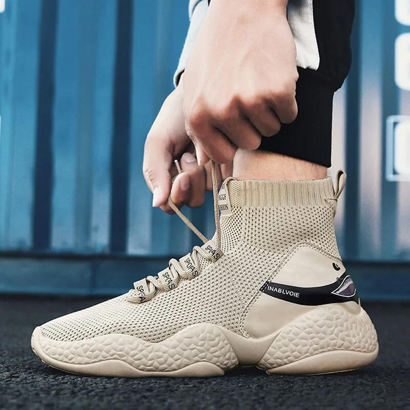 BomKinta New Fashion High Top Retro Casual Shoes Men Fashion Brand Breathable Sock Shoes Men Shark Pattern Damping Sneakers Men