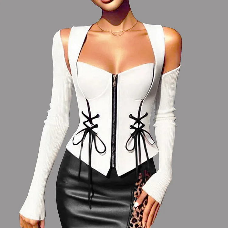 Cold Shoulder Long Sleeve Zipper Lace-Up Corset Blouse