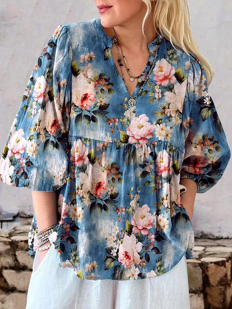 Women's Art Floral Pattern Casual Cotton Top