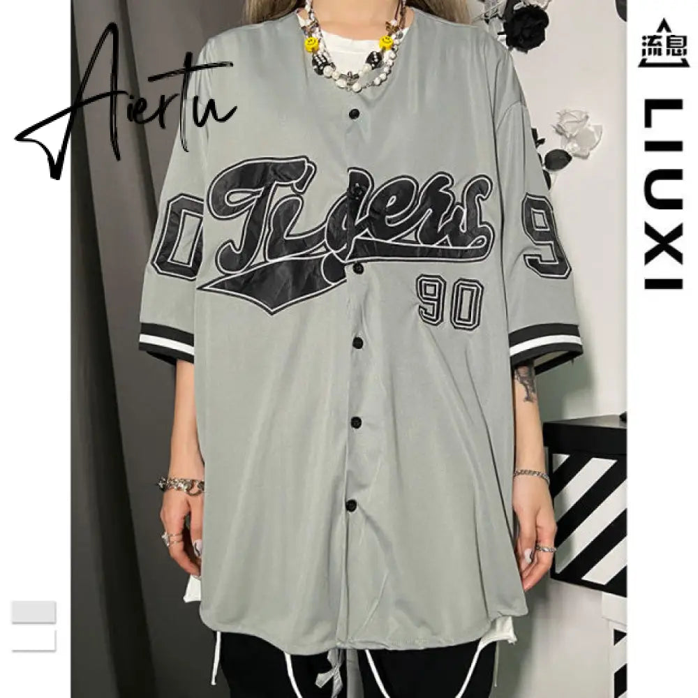 AIERTU Baseball Shirt Women and Men Hippe Vintage Oversize Hip Hop Streetwear Korean Style Short Half Sleeve Button Up Blouse Aiertu