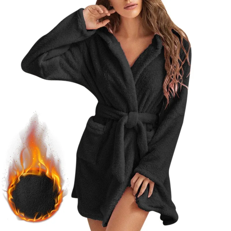 Billionm Women Velvet Pajama Robe Plush Nightwear Solid Color Hooded Homewear Bathrobe Female Fleece Sleepdress Warm Sleepwear Lingerie