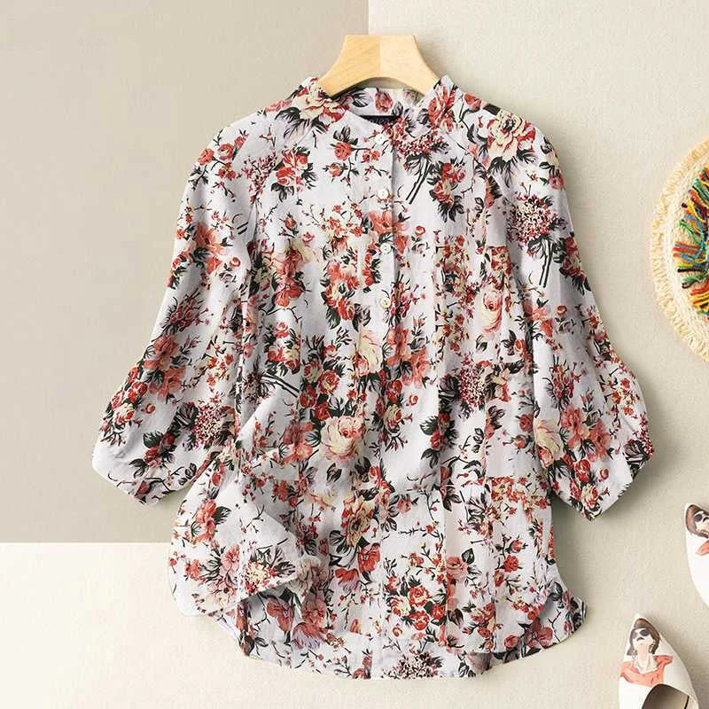 Retro Printed Three-Quarter Sleeve Blouse