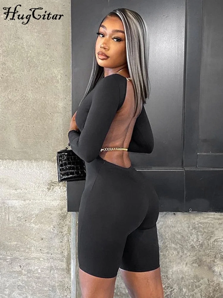 Hugcitar Chain Patchwork Women Long Sleeve Backless Playsuit Skinny Sexy Streetwear Casual Sportswear 2022 Summer Solid Rompers