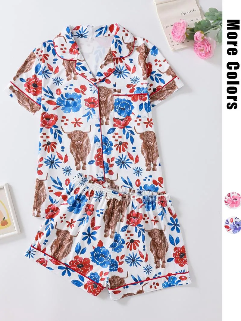 Women's Floral & Cow Print Top & Shorts Pajama Two-piece Set, Casual Comfy Short Sleeve Top & Shorts Pajama Set, Ladies Sleepwear for Summer, Womenswear
