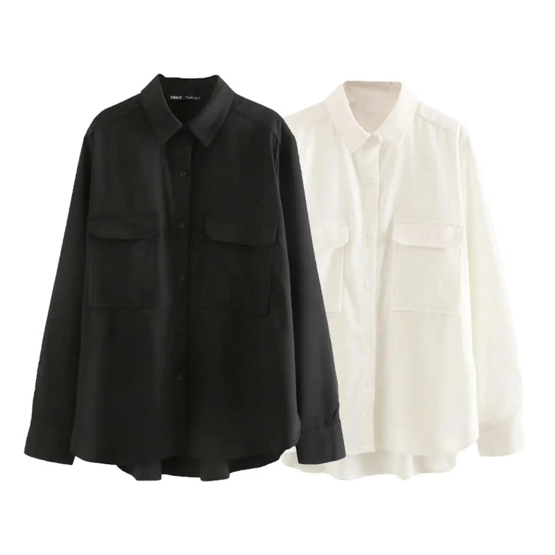 Za Women's Blouses White Shirts Mujer Blusas Long Sleeves Female Solid Streetwear Pockets Clothes Fashion Wear Ladies Office BF