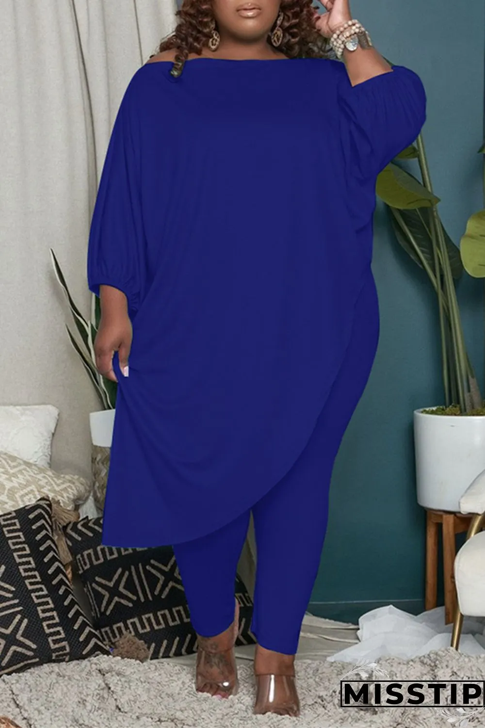 Green Fashion Casual Solid Asymmetrical Oblique Collar Plus Size Two Pieces