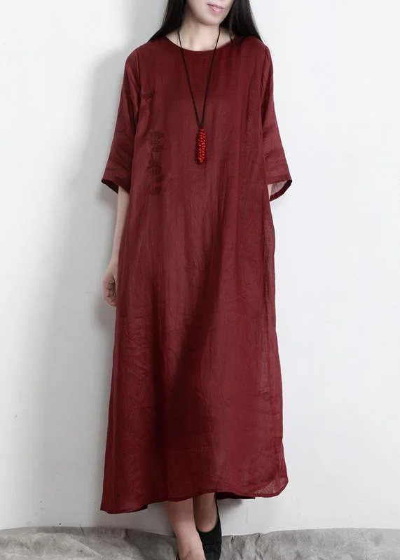 Classy Red O-Neck Linen Half Sleeve Summer Dresses