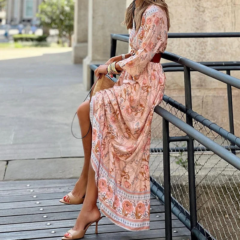 Toloer Toloer Spot 2024 Spring New Women's Fashion Bohemian Medium And Long Print Dress-Outfit Ideas