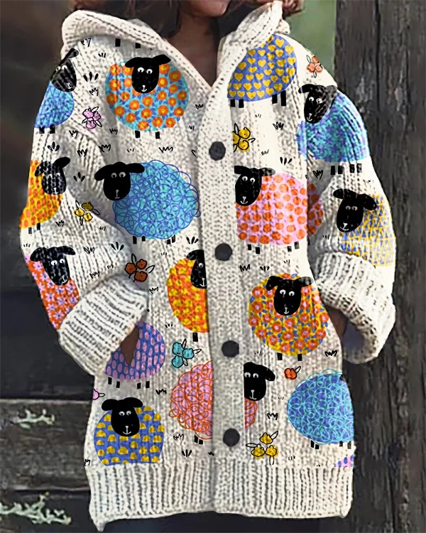 Vintage Farm Sheep Print Hooded Cardigan