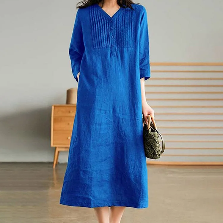 VChics Solid Color Cotton And Linen V-Neck Loose Midi Dress