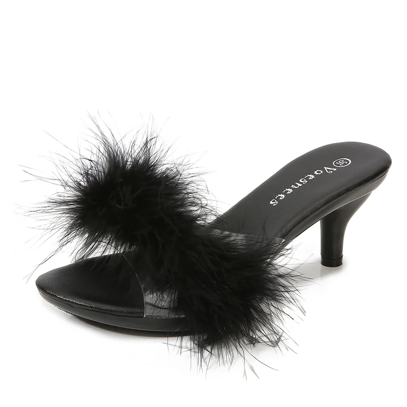 Qengg Solid Color Feather Fairy Slippers Summer Transparent Sandals Thin High Heels Sexy Fur Crystal 6cm Low Heel Derss Women Shoes