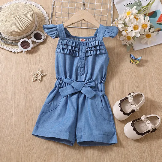 【12M-7Y】Girls Fly Sleeve Bow Denim Jumpsuit