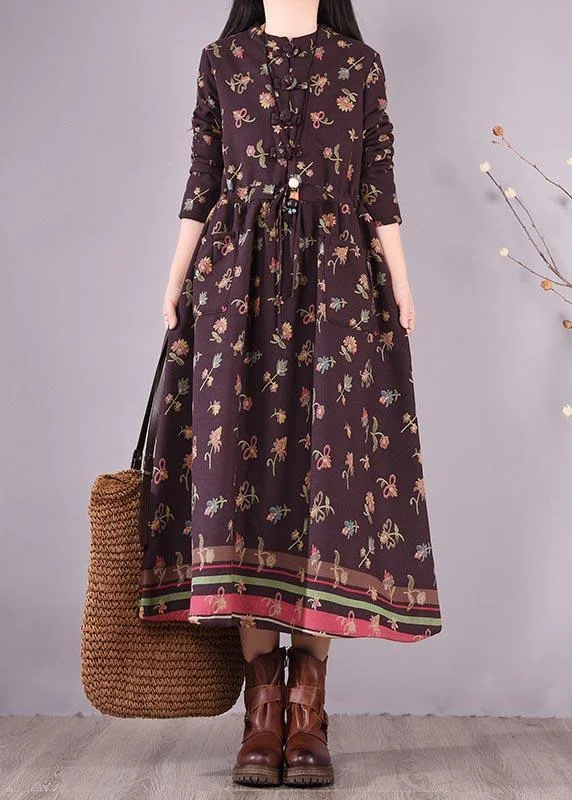 Simple Burgundy Print Dress Drawstring Plus Size Spring Dresses