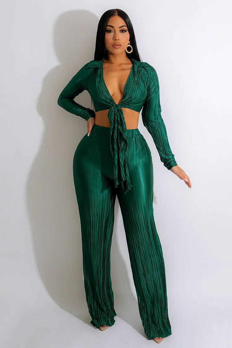 All Over Pleated Knotted Crop Top Two-Piece Pants Set
