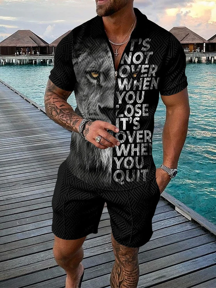 Men's Lion Printed  Zip Polo Shirt and Shorts Two-Piece Suits