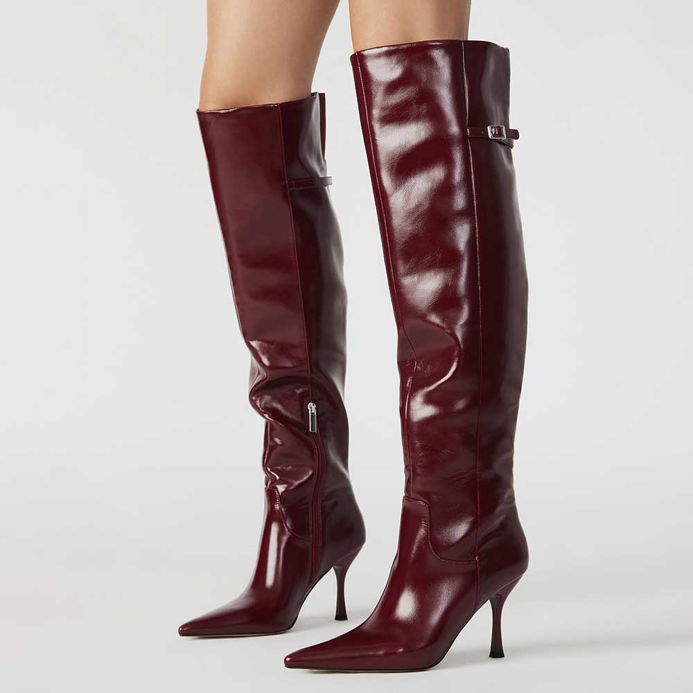 Maroon Buckle Strap Pointed Toe Stiletto Heel Zipper Thigh High Boots Nicepairs