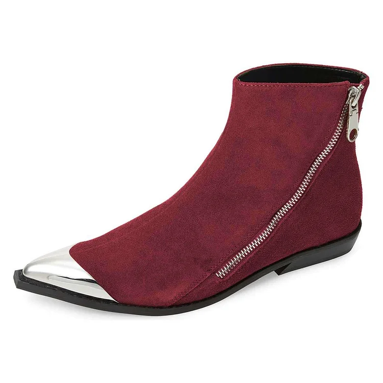 Wine Red and Silver Flat Zipper Ankle Booties Vdcoo