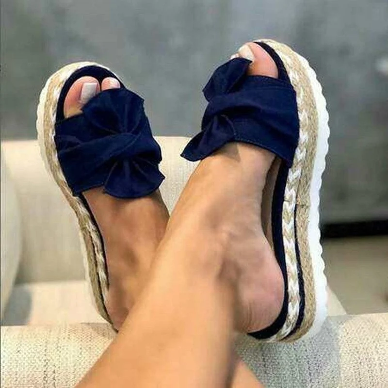 Hemp rope sponge cake platform sandals and slippers women summer new style bowknot straw woven large size slippers