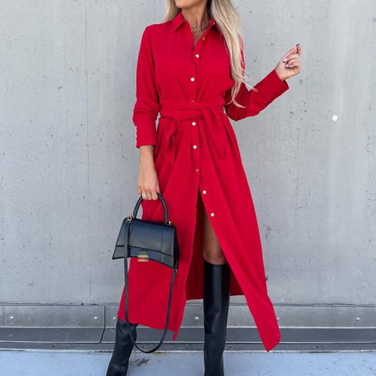 Women Autumn Fashion Solid Color Long Sleeve Dress Casual Single Breasted Lapel Shirt Dress Ladies Slim Lace Up Commuter Dresses