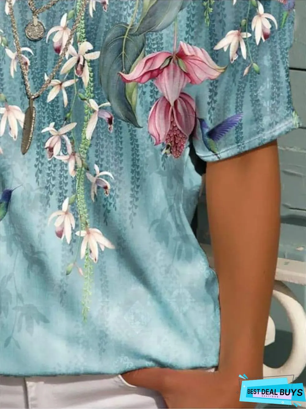 Women's Floral Theme T-Shirt Floral V Neck Tops Basic Top Blue