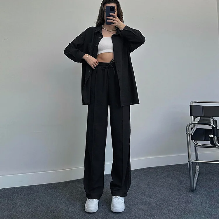 Women's 2 Piece Set 10Colors Fall Autumn Outdoor Matching Suit Solid Long Sleeve Button Down Top and Straight Long Trouser Pant