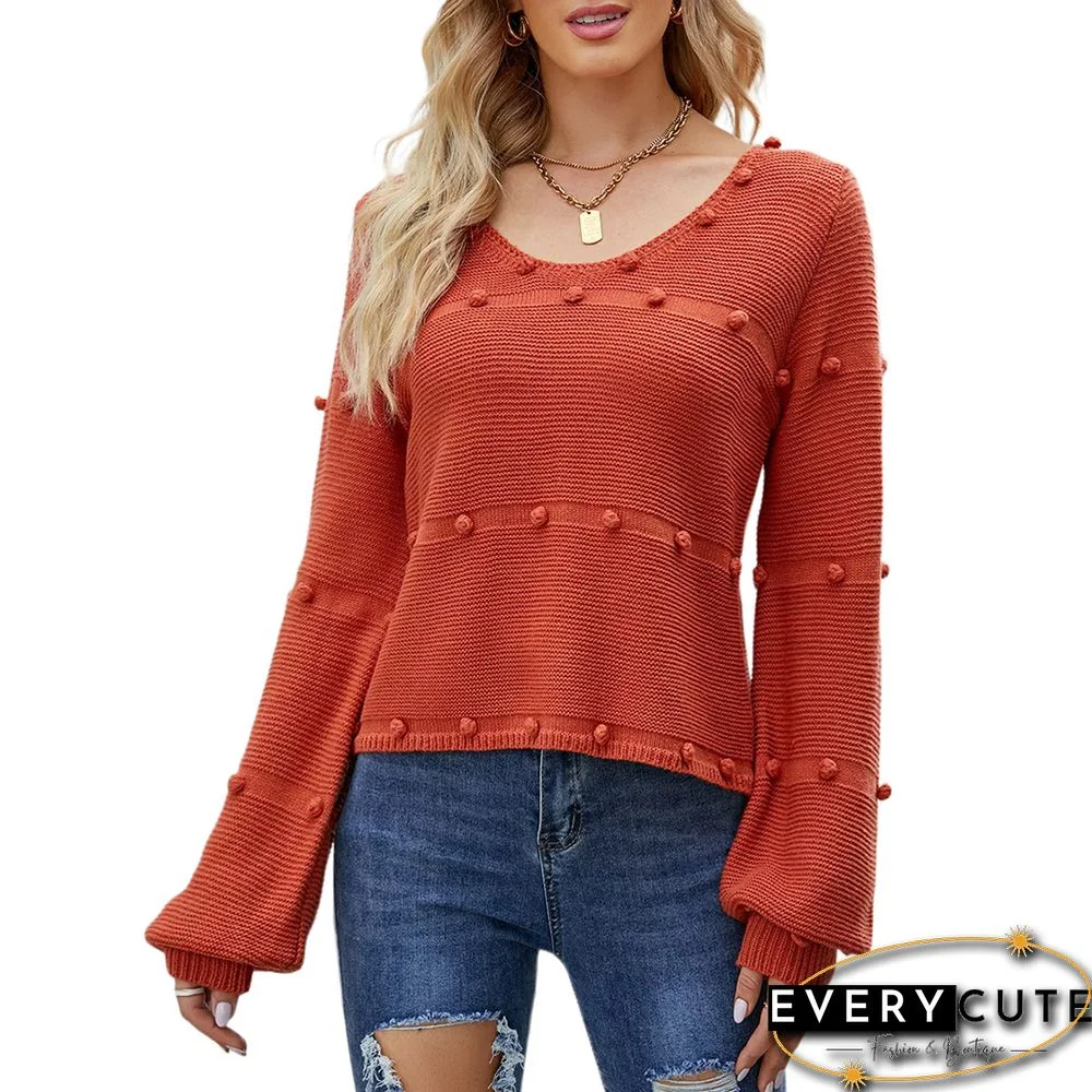 Orange-red U Neck Bubble Detail Solid Color Sweater