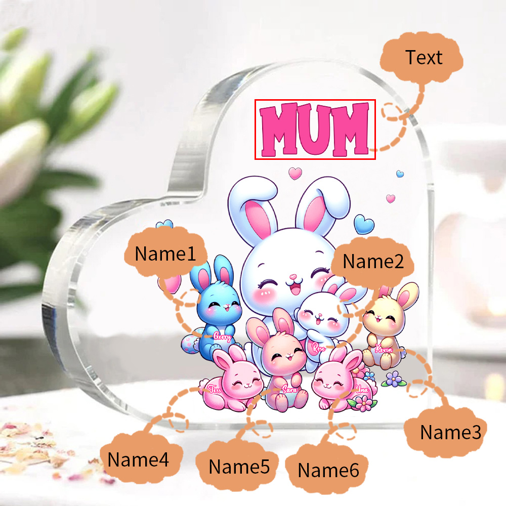 Personalised Text Acrylic Heart Keepsake Custom 6 Names Ornament Bunny Family Gifts For Mother/Grandma-Jessemade AU