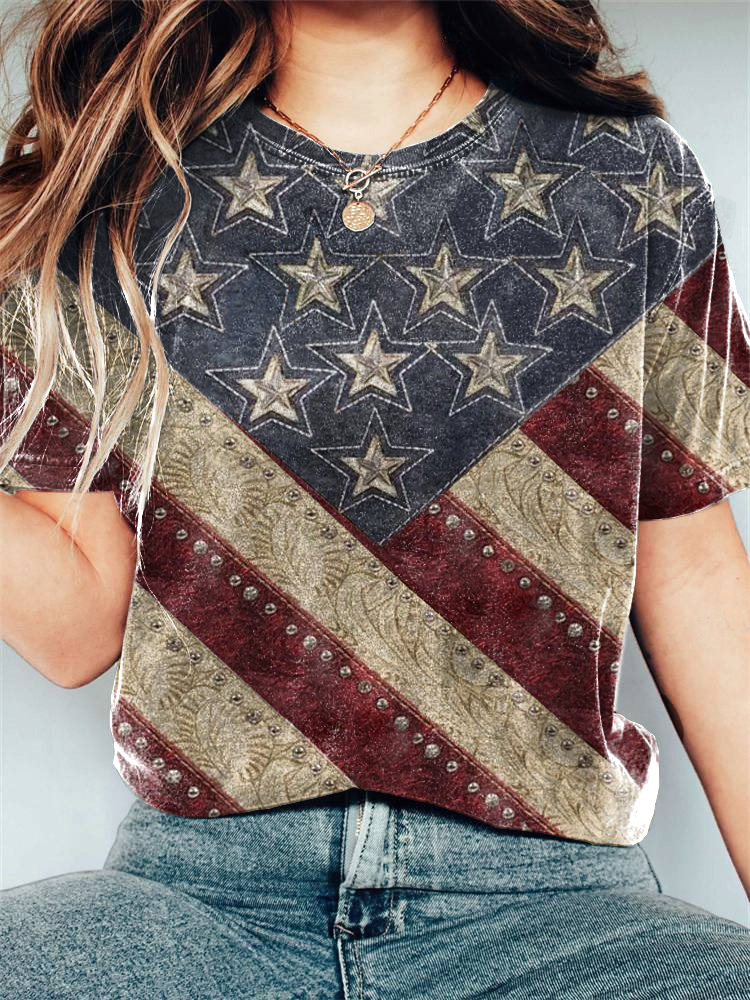 Comstylish Vintage Flag Independence Day Contrast Print Casual T-Shirt