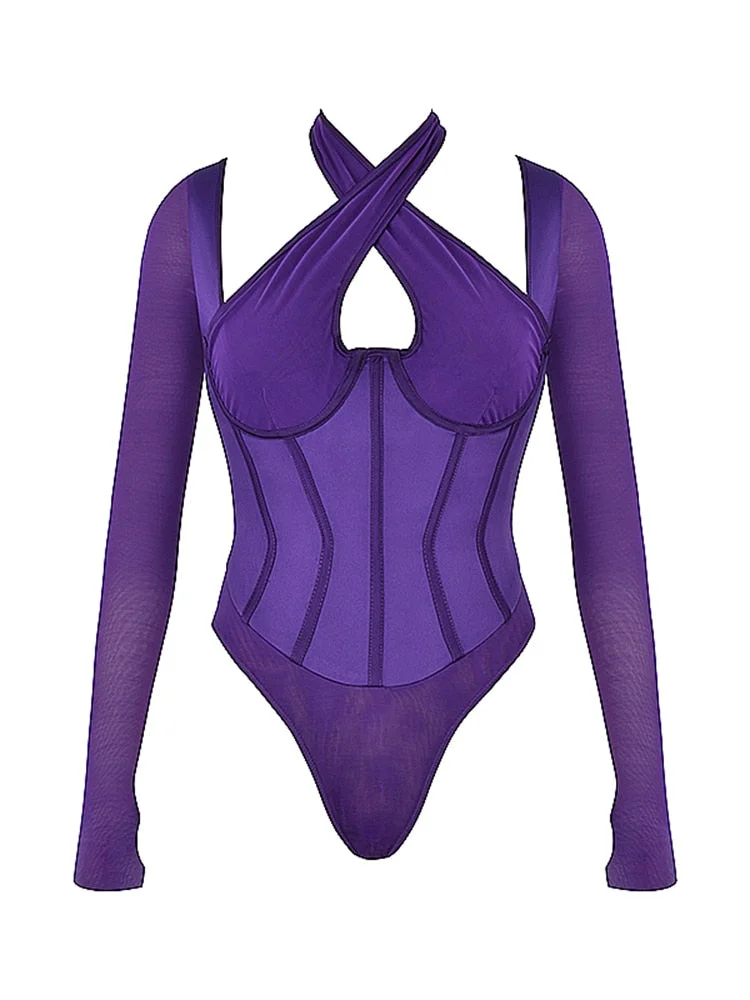 Articat Mesh See Through Slim Bodysuit Women Long Sleeve High Waist Sexy Bodycon Hollow Out Cross Collar Female Bodysuits