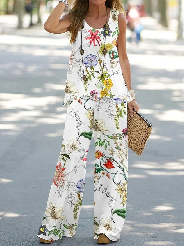 Women Floral Crew Neck Sleeveless Comfy Casual Two-Piece Set