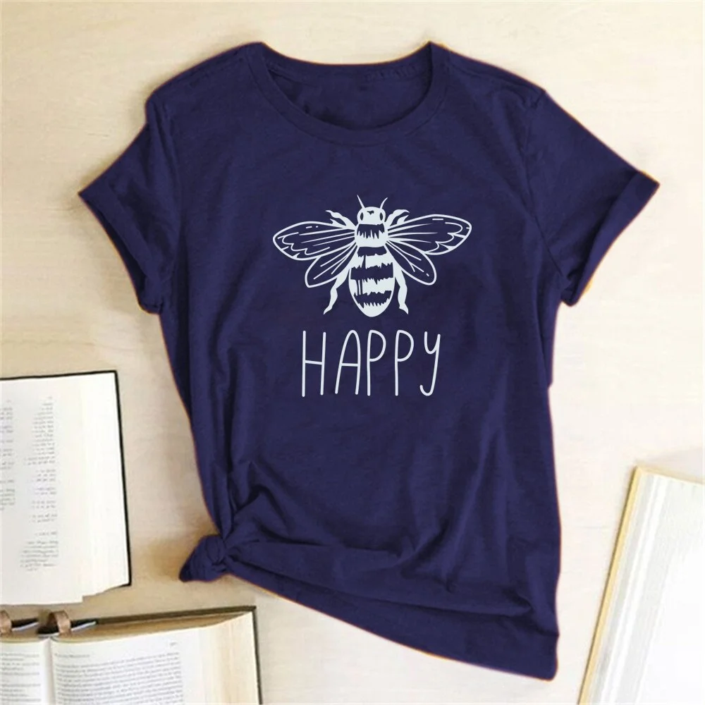 Happy Printed Bee Kind Women T-shirt O-Neck Cotton Short Sleeve Casual Shirts Woman Ladies Summer Graphic Tees Tops Clothes 2020