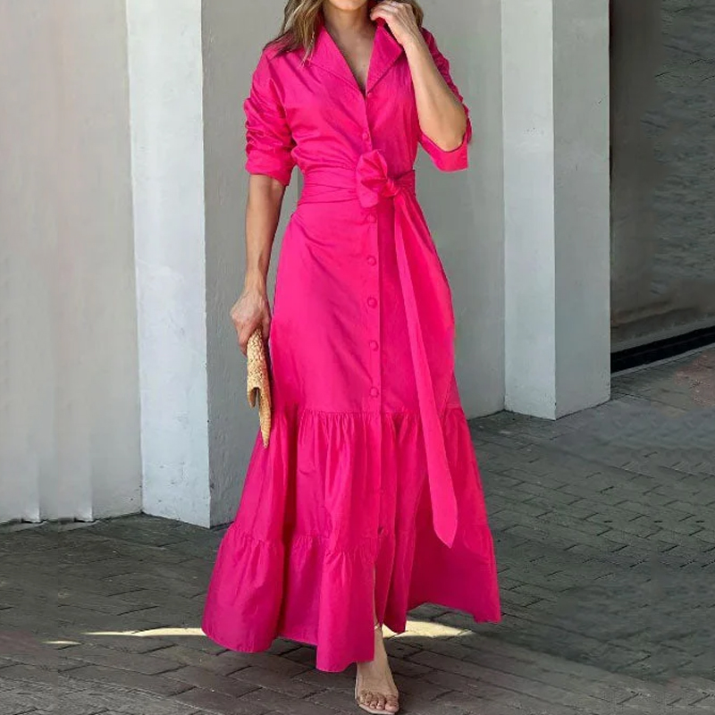 Women's Fashion Elegant Long Sleeve Lapel Tie Solid Color Party V-neck Maxi Dress