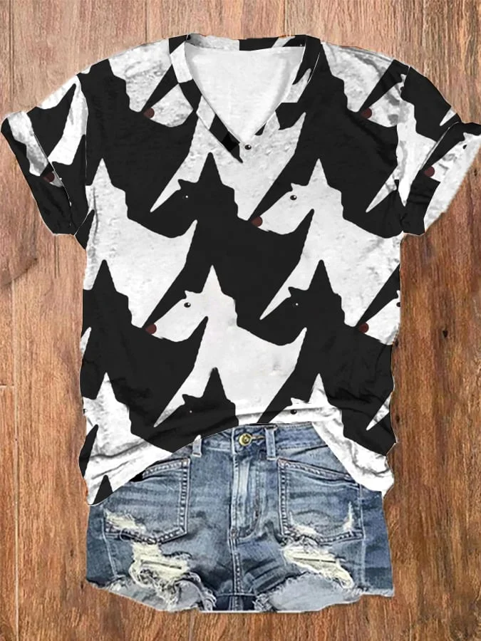 Women's Black And White Dogs Print V-Neck T-Shirt