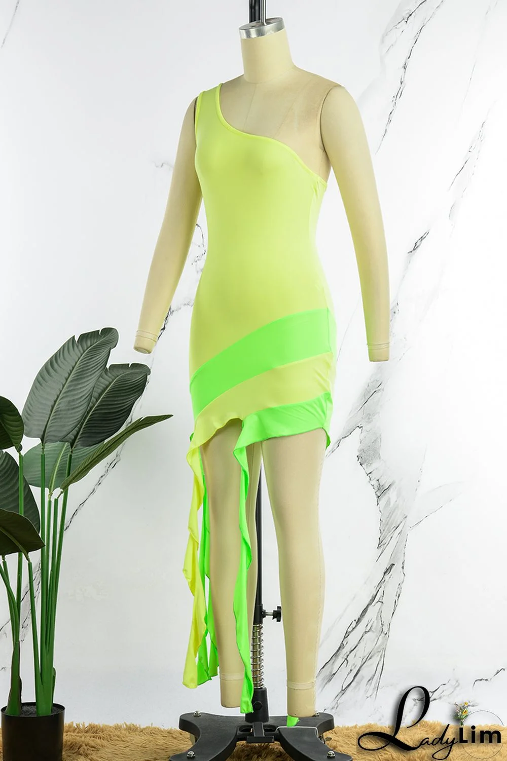 Yellow Sexy Patchwork Backless Contrast One Shoulder Sleeveless Dress Dresses