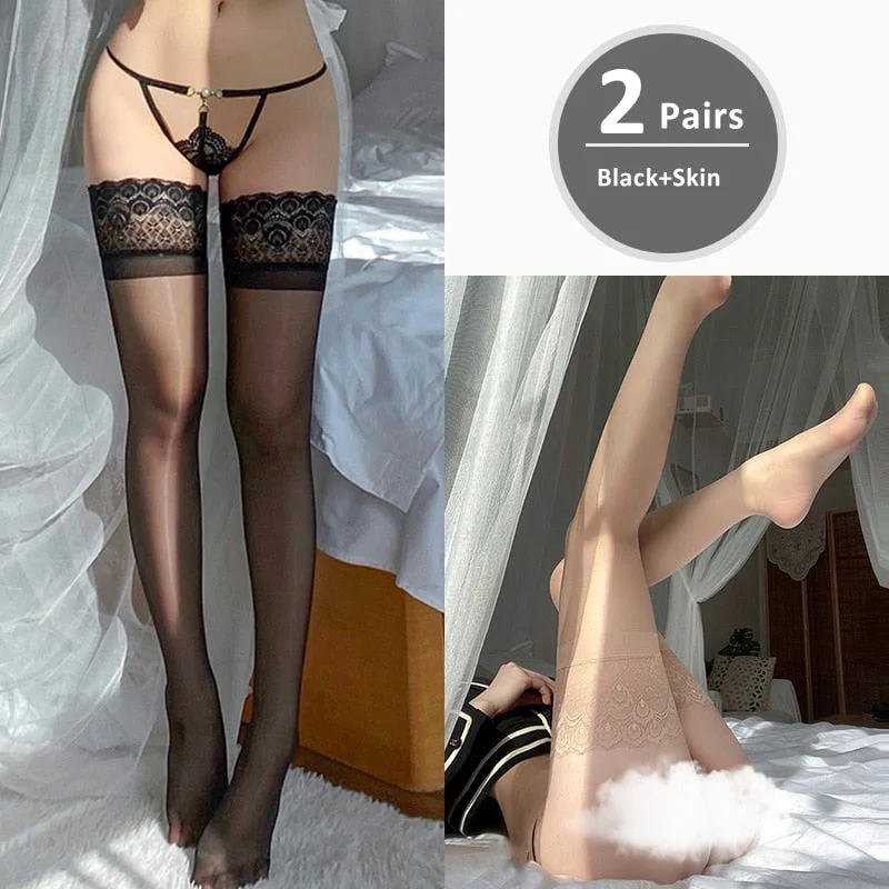 2PCS/Set Sexy Over Knee Peacock Pattern Lace Sheer Stockings Oil Shiny Stretch Thigh High Hold Up Anti Slip Design Fashion 2021