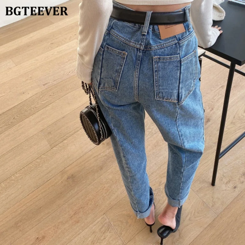 BGTEEVER Casual Irregular Pockets High Waist Jeans Pants 2020 Fashion Loose Denim Jeans Female Trousers Autumn Winter Pantalon