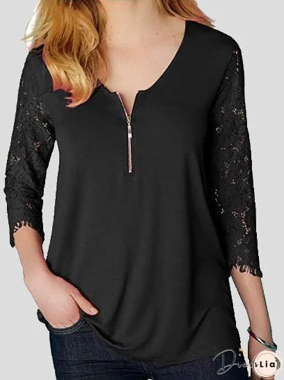 T-Shirts V-Neck Zip Lace 3/4 Sleeve T-Shirt for Women