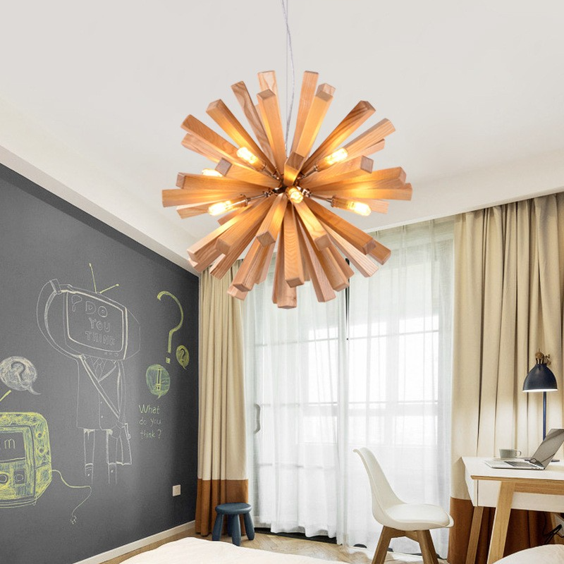 Nordic Wood Chandelier Dandelion-Shaped Pendants Lights For Bedroom
