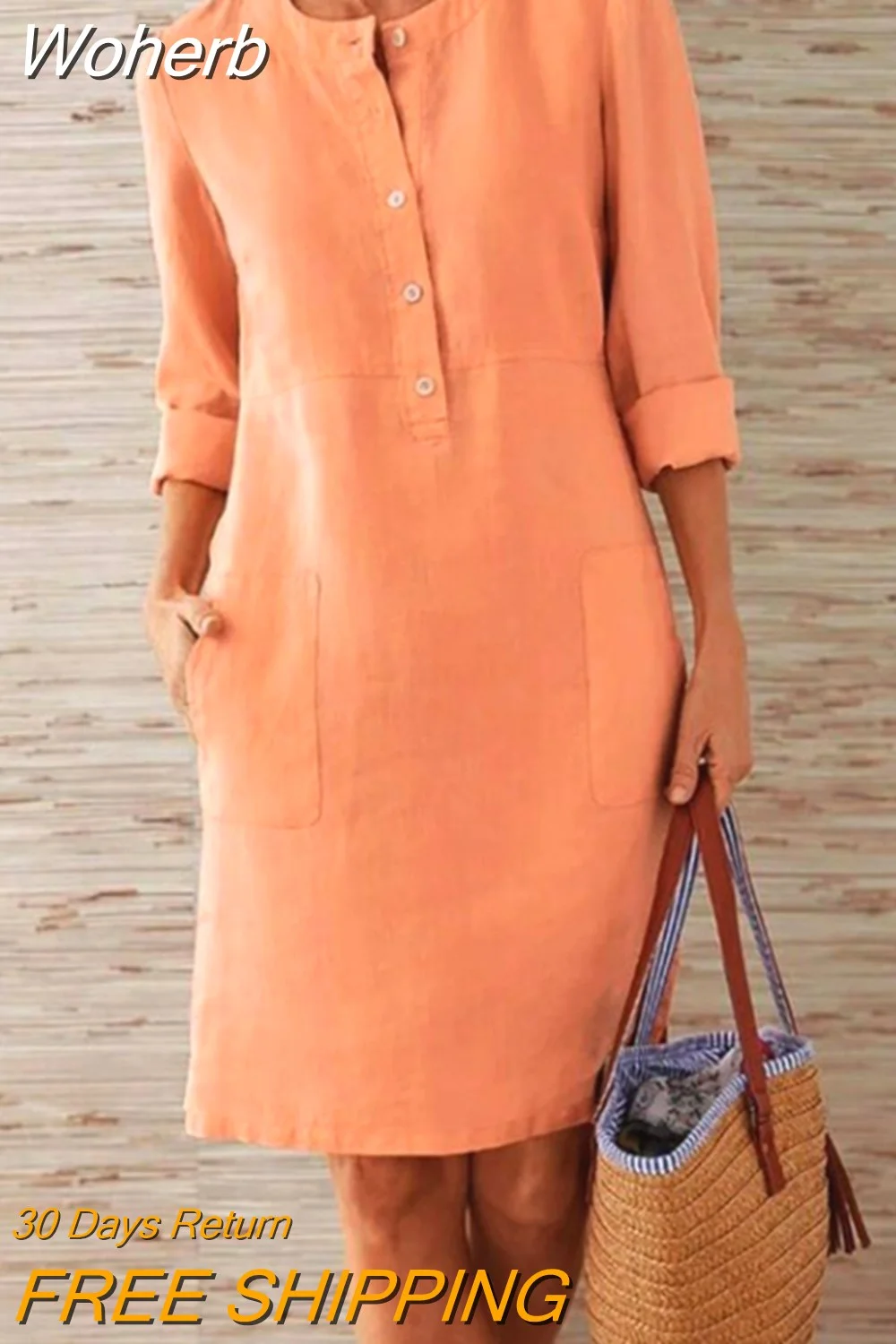 Woherb Dress Spring Solid Color Casual Round Neck Long-sleeved Dress Cheap Casual Women's Dresses Loose Elegant Ladies Clothes 715-1-Outfit Ideas