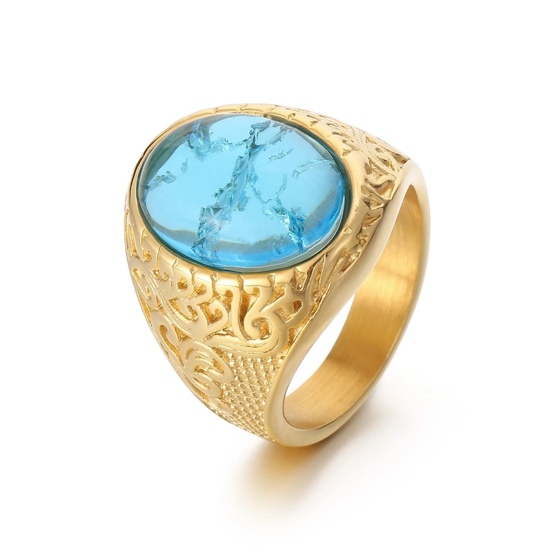 Jewelry Hip-Hop Oval 304 Stainless Steel Natural Stone 18K Gold Plated Inlay Rings